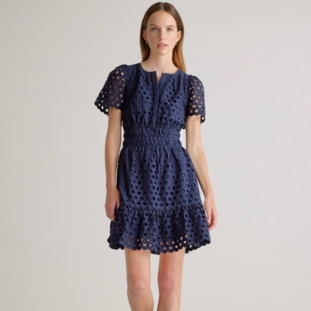 Quince Navy Eyelet Short Sleeve Smocked Mini Dress